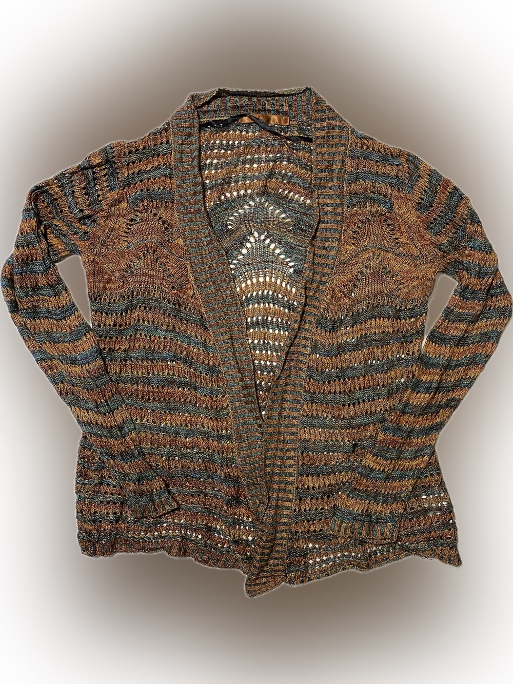 Belldini Open-Front Striped Knit Cardigan in Brown and Gray